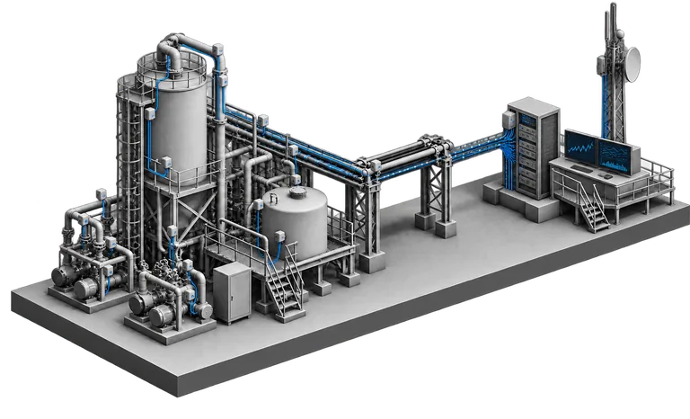 Isometric illustration of a process train whose sensor data runs along a pipe rack to a historian cabinet and two screens showing recorded series