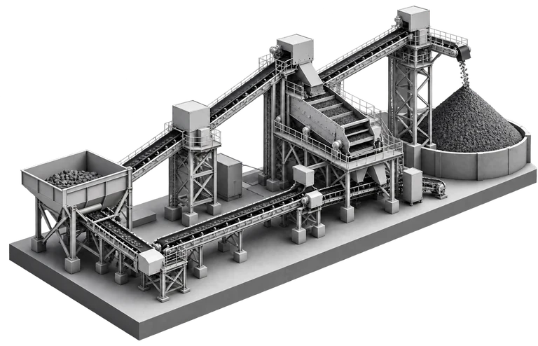 Isometric illustration of a screening and conveying plant with a stockpile