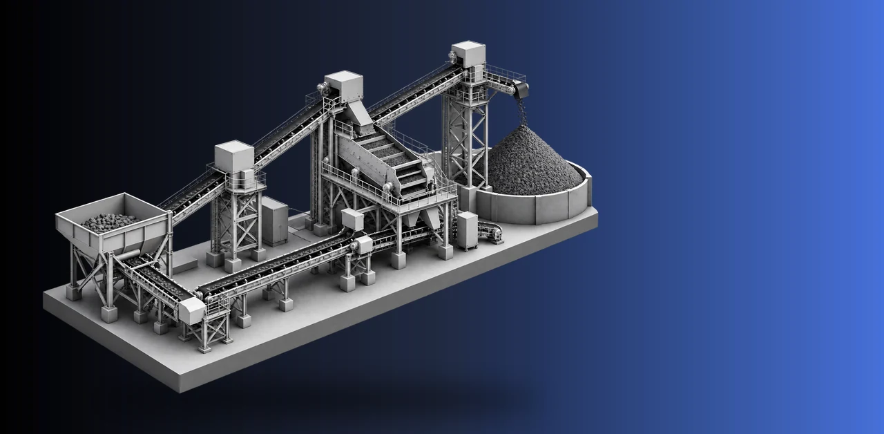 Isometric illustration of a screening and conveying plant with a stockpile