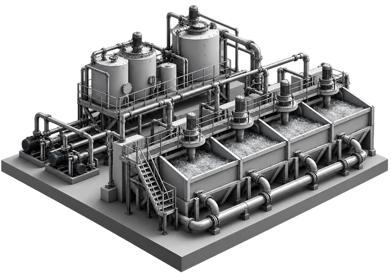 Isometric illustration of a bank of flotation cells with launders, pipework and reagent tanks