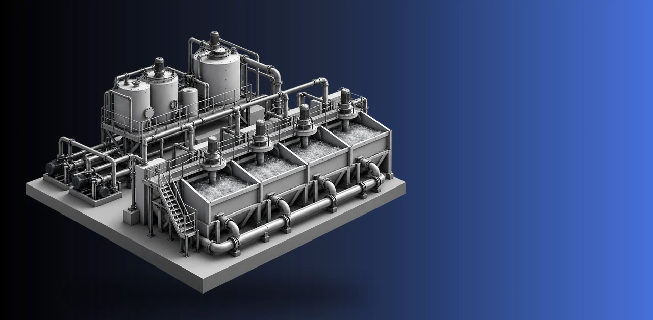 Isometric illustration of a bank of flotation cells with launders, pipework and reagent tanks