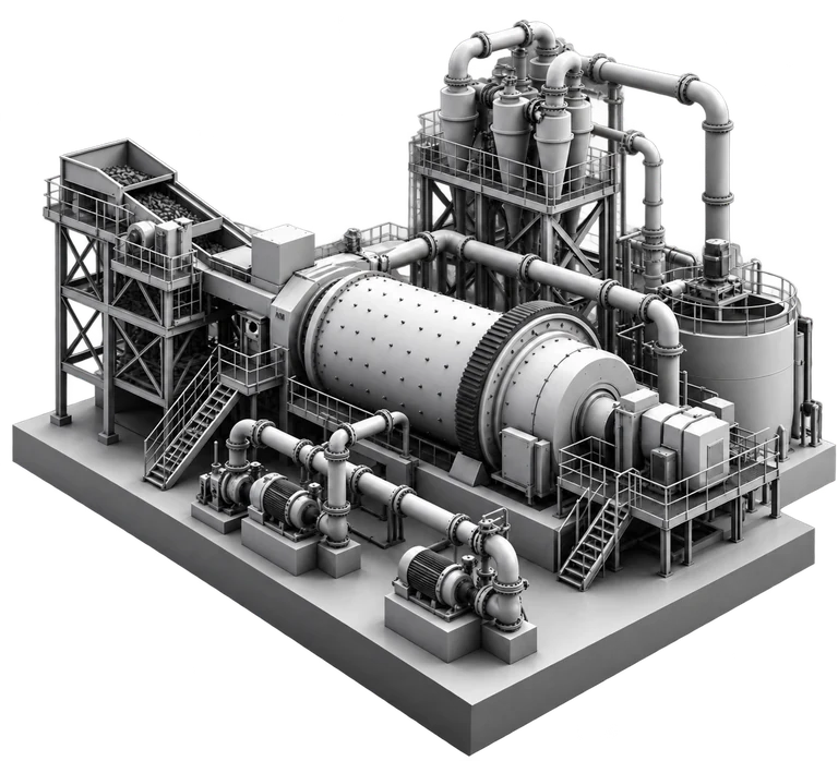 Isometric illustration of a grinding mill circuit with feed conveyors, cyclones and drive gear