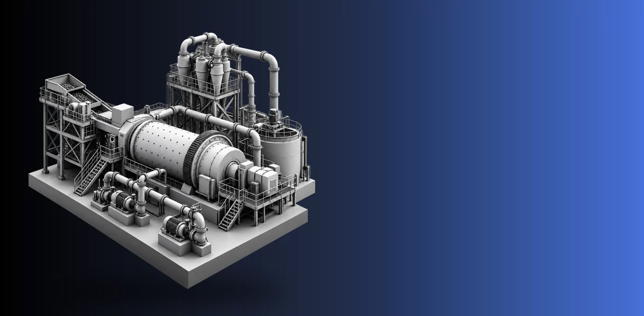 Isometric illustration of a grinding mill circuit with feed conveyors, cyclones and drive gear