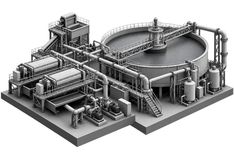Isometric illustration of a thickener with a rake drive alongside filtration equipment