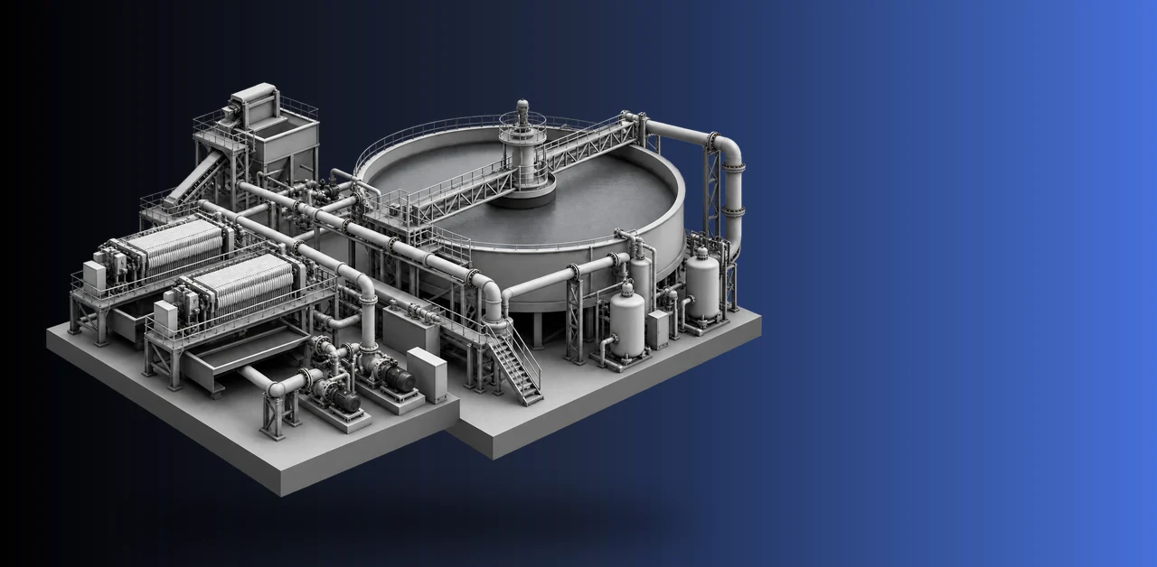 Isometric illustration of a thickener with a rake drive alongside filtration equipment