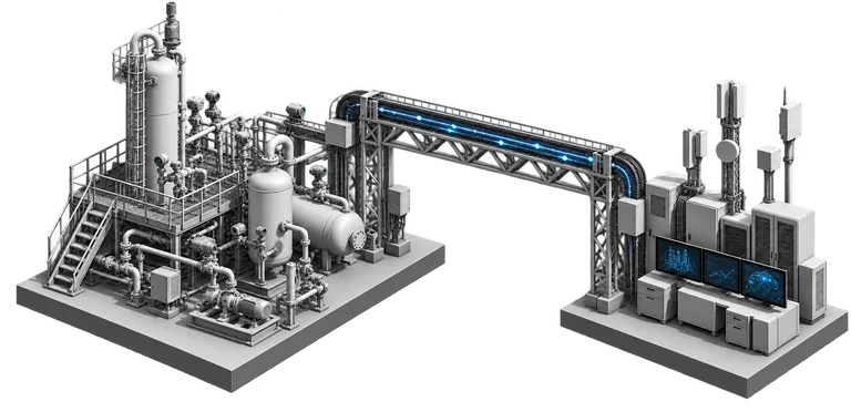 Isometric illustration of a process plant linked to a rack of cabinets and screens by a gantry carrying a lit data line