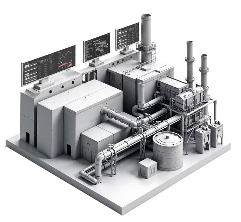 Isometric illustration of a process plant with control room dashboards displayed above it
