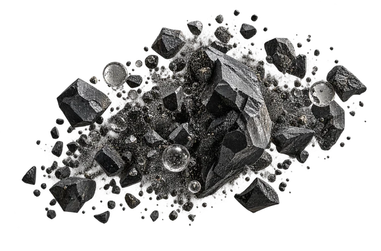 Dark mineral fragments with metallic flecks and flotation bubbles