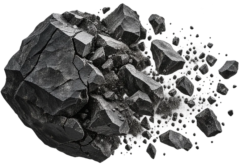 Dark fractured iron ore mass breaking into fragments and dust
