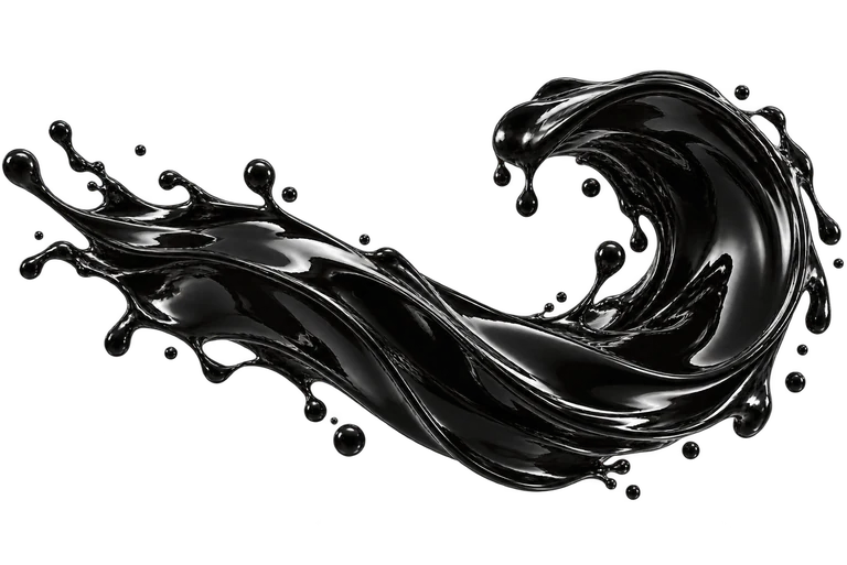 A glossy black crude oil flow curling through the air