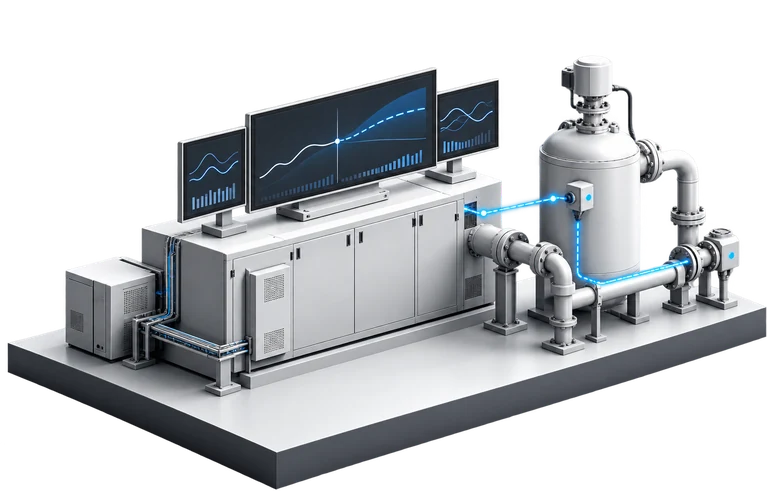 Isometric illustration of a control cabinet with screens showing a predicted trajectory, and signal paths running to a vessel and its pumps